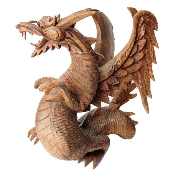 Wood Carved Flying Dragon Fantasy Large 12” X 12” - Picture 2 of 9